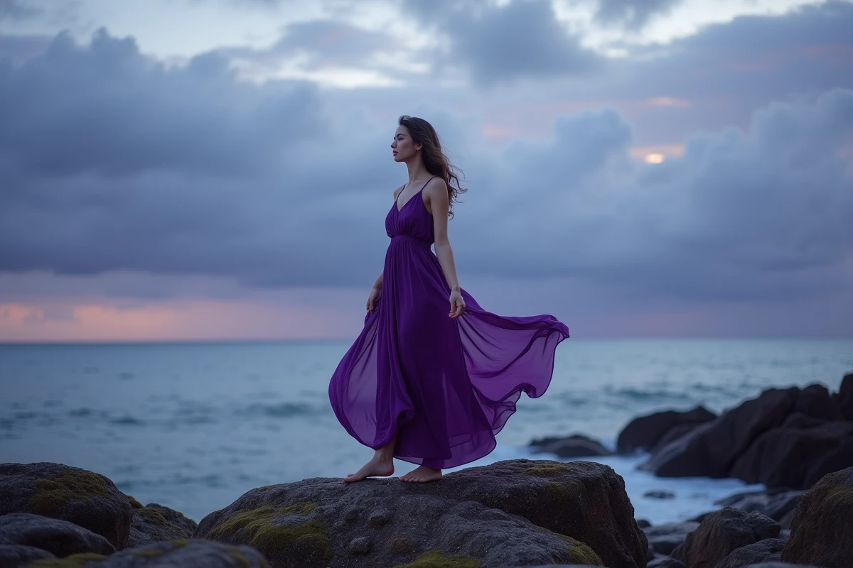 Jeune femme en robe violette sur une falaise au crépuscule, représentant l'énergie spirituelle de l'aura violette
