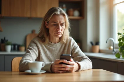 Femme frustrée vérifiant ses appels sur smartphone à la maison