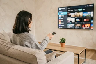 Femme naviguant dans le guide des chaînes Freebox Pop sur un téléviseur dans un salon moderne