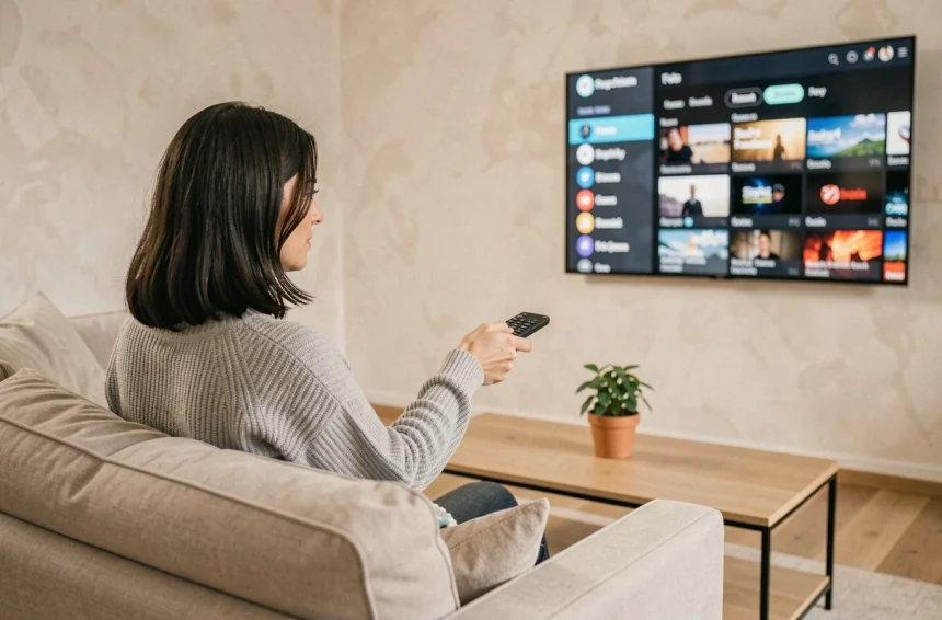 Femme naviguant dans le guide des chaînes Freebox Pop sur un téléviseur dans un salon moderne