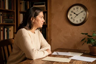 Femme contemplant une horloge analogique affichant 23h23 dans un bureau chaleureux, évoquant la numérologie et les heures miroirs