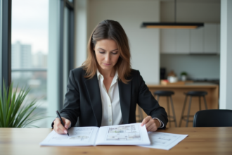 Femme d'affaires examine des plans dans un appartement lumineux