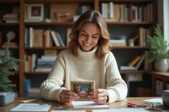 Femme imprimant une carte de Noël religieuse à son bureau en bois avec des décorations festives