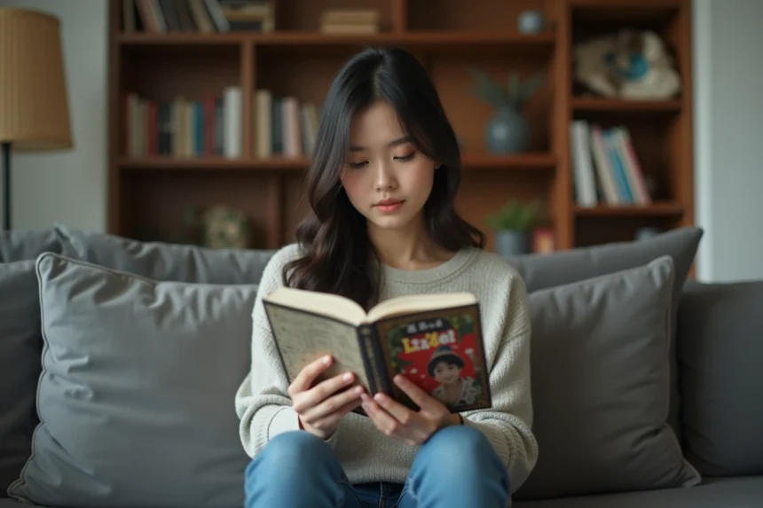 Jeune femme pensante lisant un manga à la maison