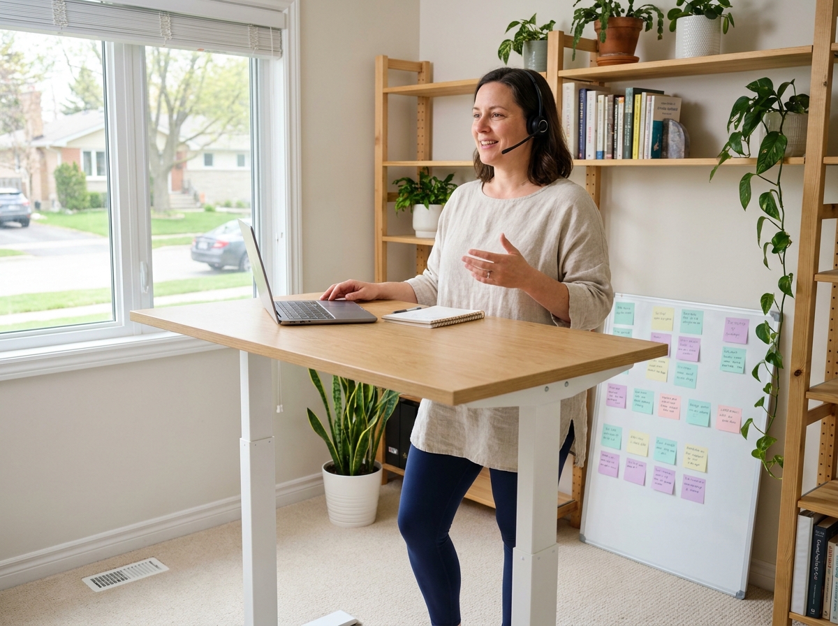 Femme avec lipoedème travaillant en télétravail debout à son bureau à domicile avec casque téléphonique