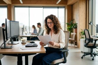 Femme atteinte de lipoedème travaillant confortablement à un bureau ergonomique dans un open space moderne