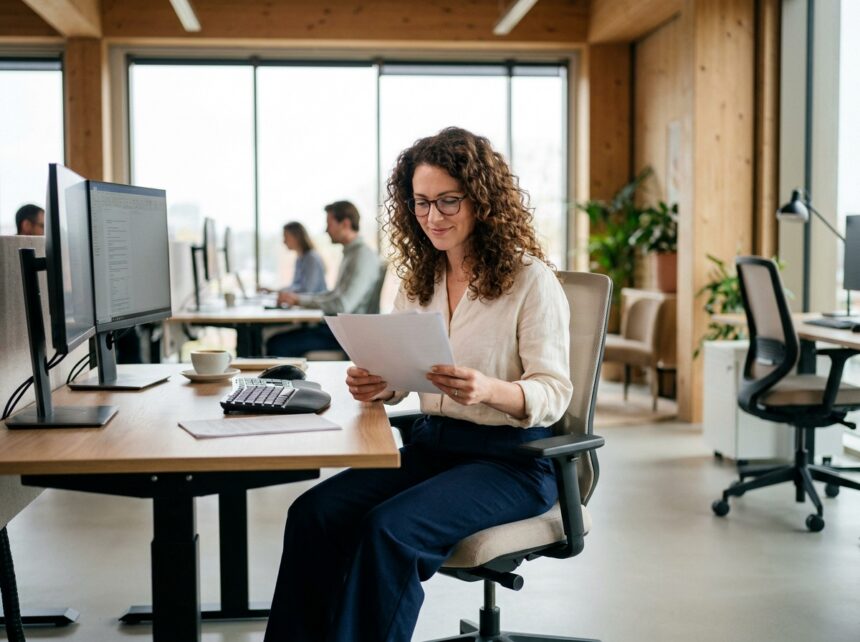 Femme atteinte de lipoedème travaillant confortablement à un bureau ergonomique dans un open space moderne