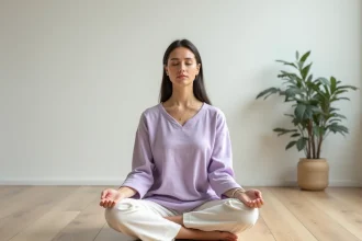 Femme méditant avec sérénité dans une pièce minimaliste, symbolisant l'aura violette et la spiritualité
