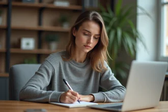 Femme notant une adresse web dans un carnet pour mémoriser et sécuriser l'accès à un site fiable