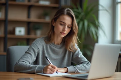 Femme notant une adresse web dans un carnet pour mémoriser et sécuriser l'accès à un site fiable