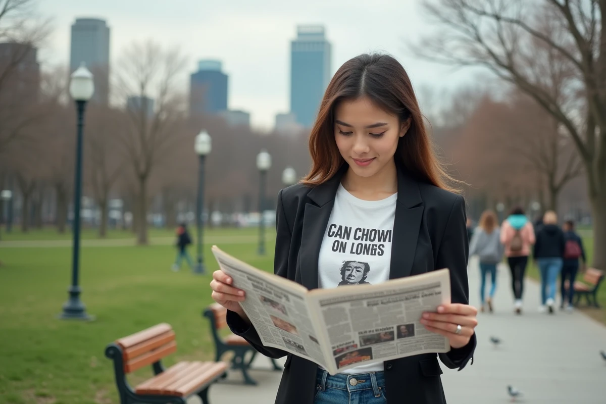 Jeune femme lisant journal parodique dans un parc urbain