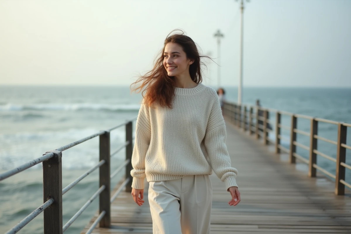 Jeune femme marchant seule sur une promenade au bord de la mer à l'aube, pull crème, sourire naissant, symbolisant la renaissance après une période difficile