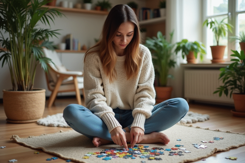 Femme en tricot assemble un puzzle coloré dans un salon chaleureux
