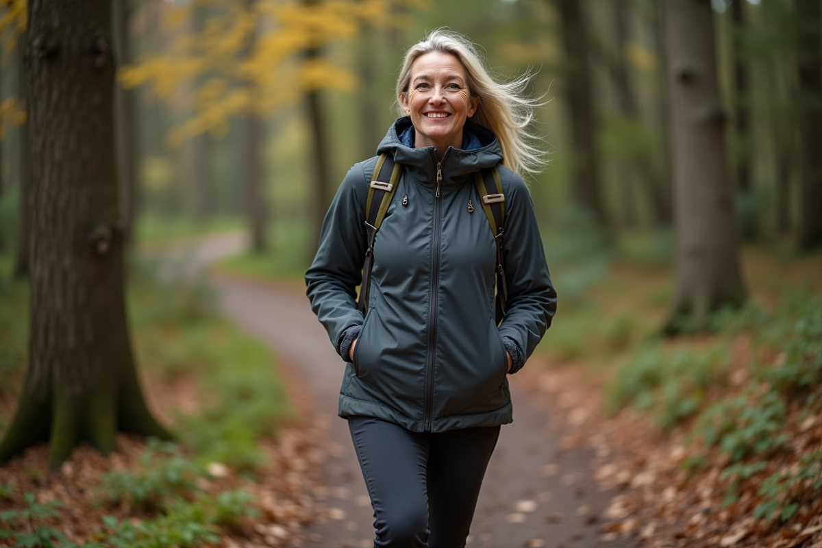 Femme en randonnée dans la forêt avec sourire déterminé