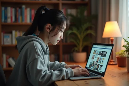Jeune femme cherchant un chapitre de manga introuvable sur son ordinateur portable