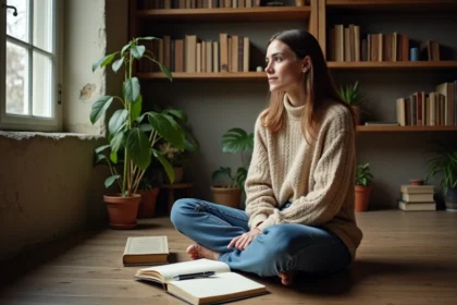 Femme pensante dans un salon lumineux avec livres et plantes