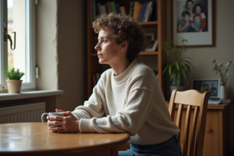 Femme assise à la maison regardant par la fenêtre