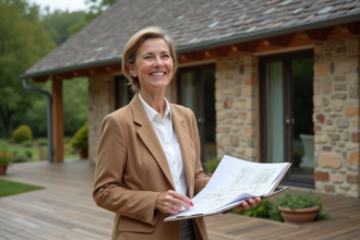 Femme souriante tenant un plan sur une terrasse en bois