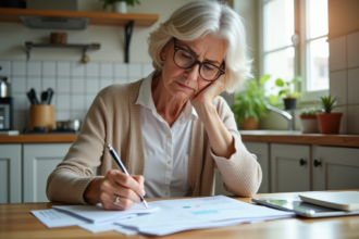 Femme d'âge moyen lisant ses relevés bancaires à la maison