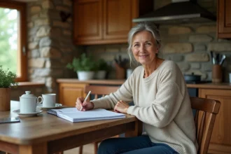 Femme moyenne âge consulte ses factures dans la cuisine