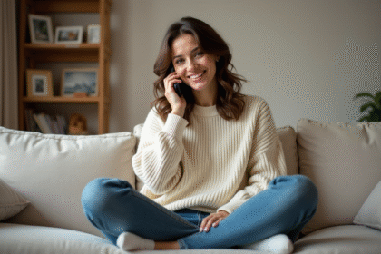 Femme souriante parlant au téléphone dans un salon chaleureux