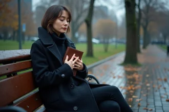 Femme seule assise sur un banc de parc sous la pluie en automne, tenant un journal, expression mélancolique évoquant un cœur brisé