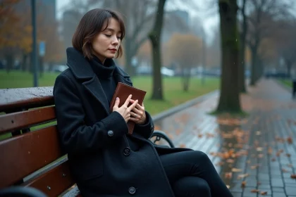 Femme seule assise sur un banc de parc sous la pluie en automne, tenant un journal, expression mélancolique évoquant un cœur brisé