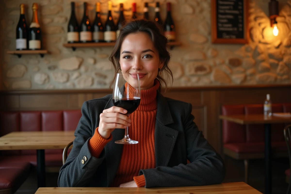 Femme seule savourant un verre de vin rouge dans un bouchon lyonnais traditionnel le soir