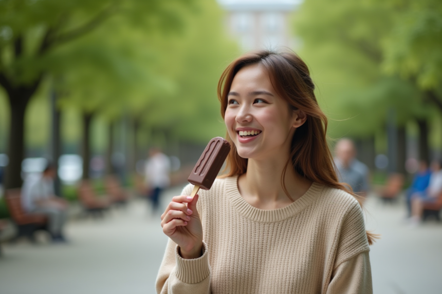 Femme souriante avec glace aux amandes en plein air