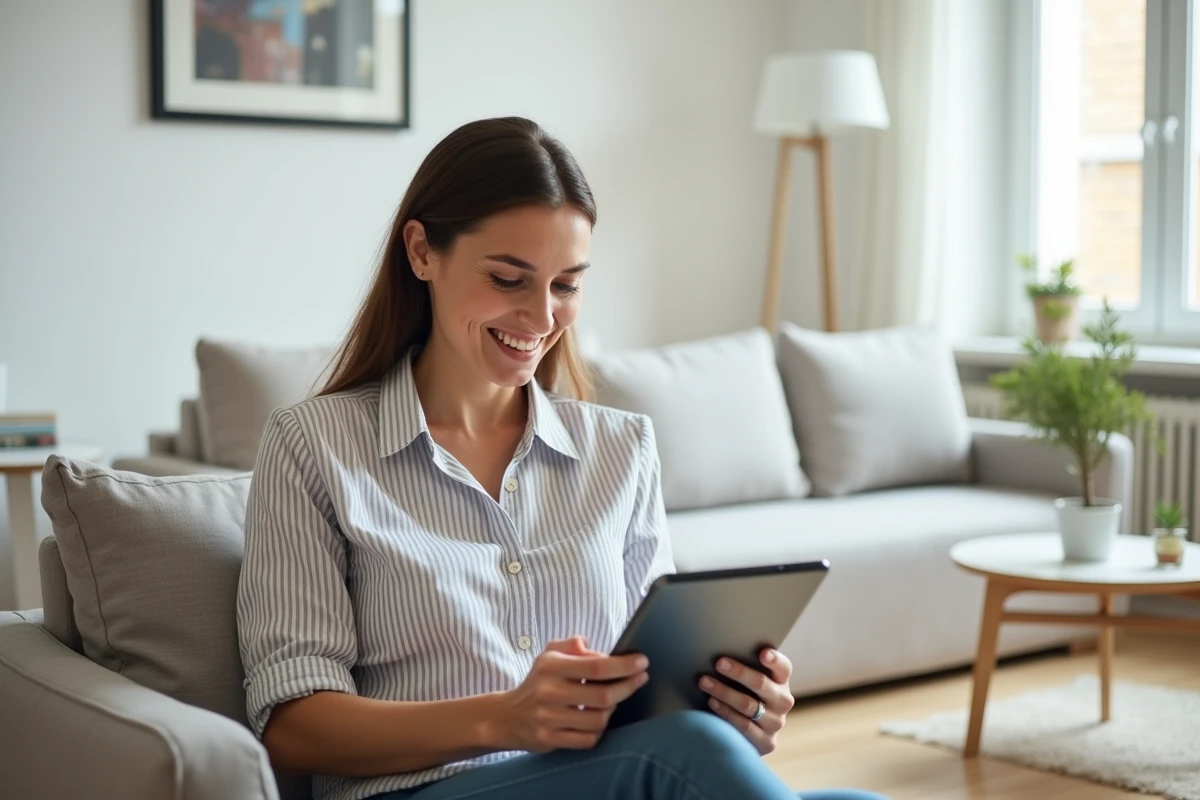Femme utilisant une tablette pour chatter avec le service clients Sosh et changer d'offre mobile sans stress