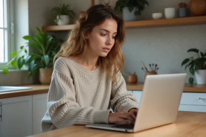 Jeune femme concentrée travaillant sur un ordinateur portable dans une cuisine chaleureuse