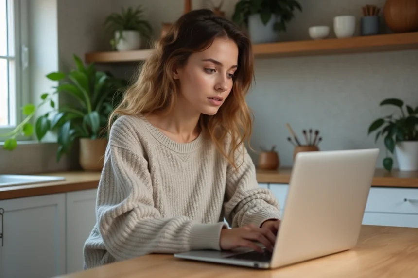 Jeune femme concentrée travaillant sur un ordinateur portable dans une cuisine chaleureuse