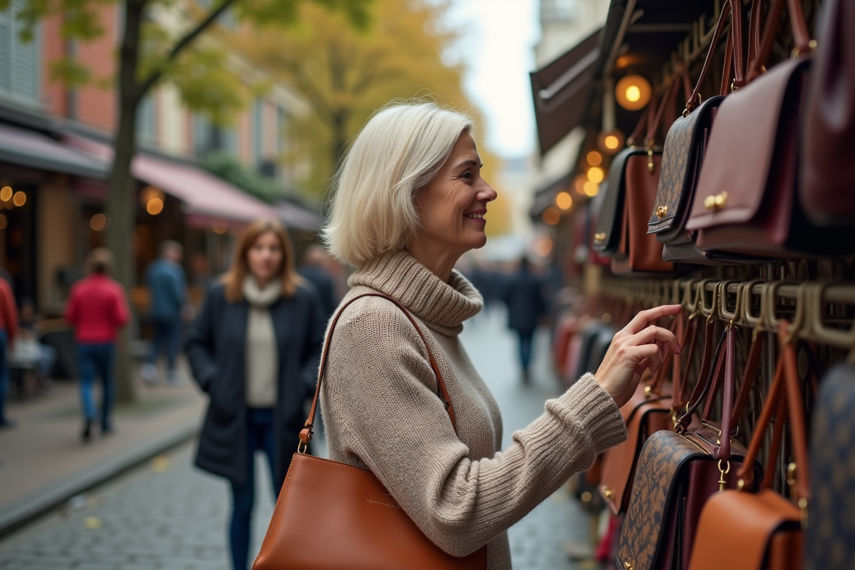 Femme inspectant sacs à main d