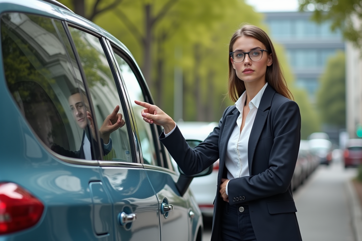 Jeune femme pointant un sticker emissions sur une voiture en ville