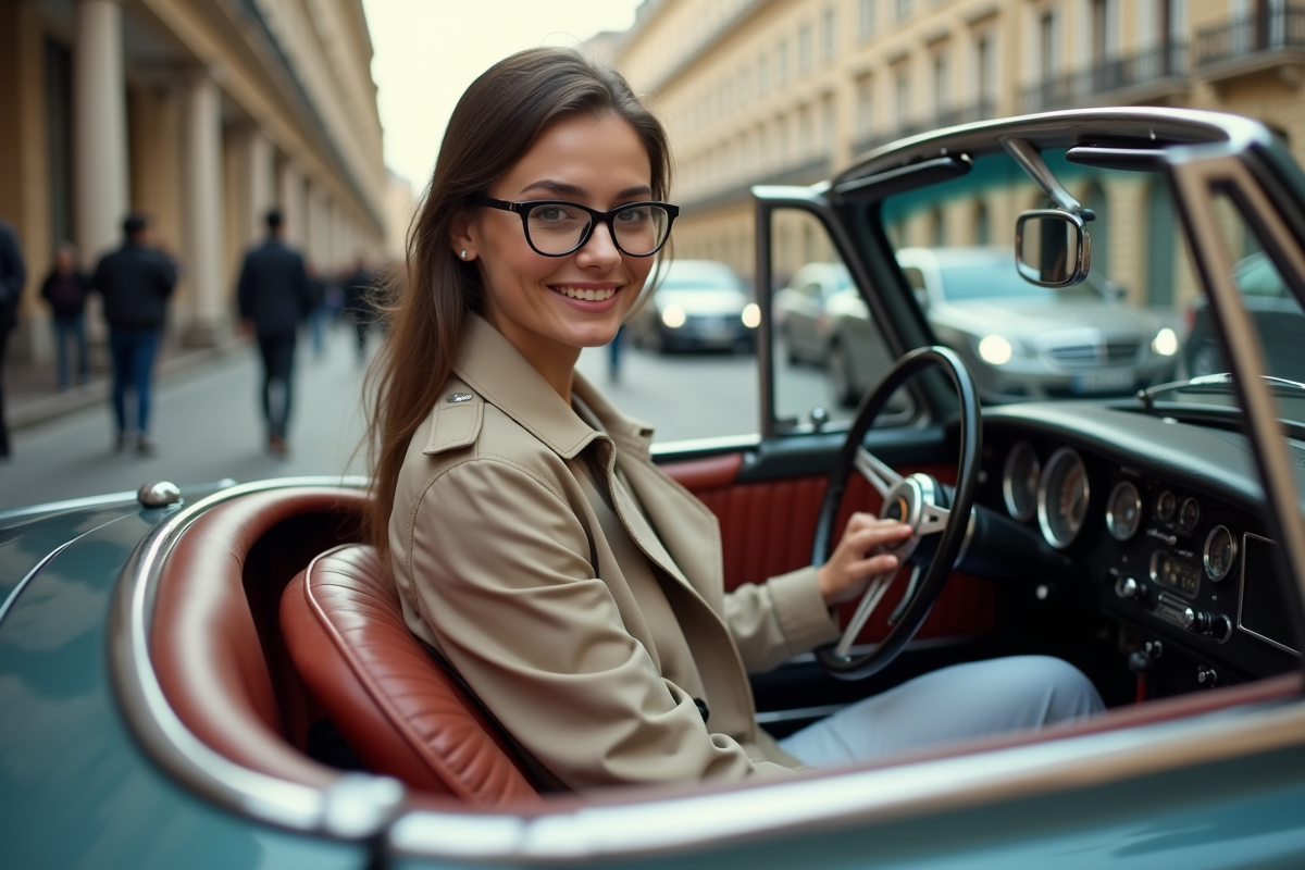 Femme dans une voiture vintage en ville