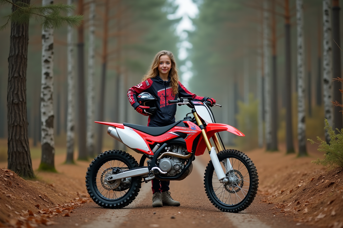Adolescente avec sa moto en forêt en automne