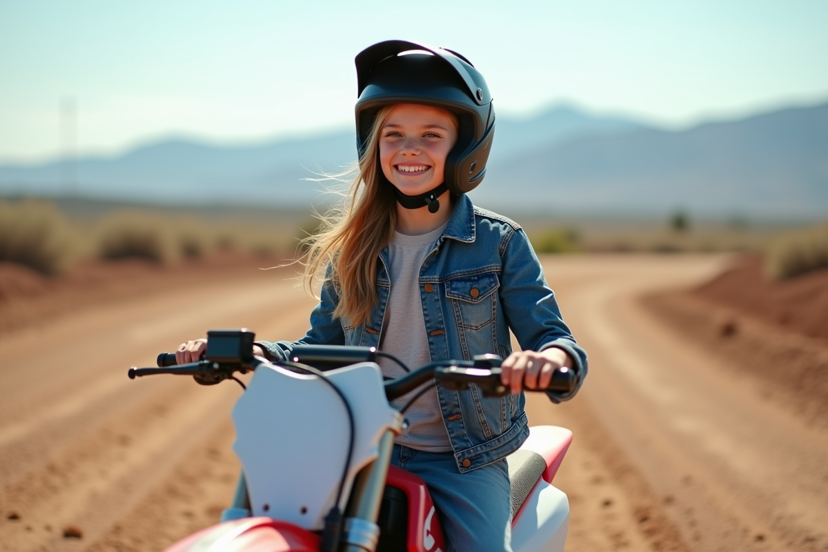 Fille débutante assise sur dirt bike dans un terrain ouvert