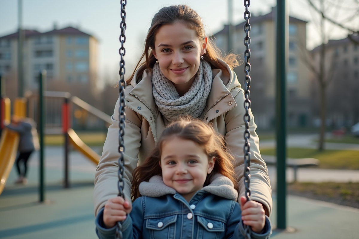 Fille jouant sur la balançoire dans un parc urbain