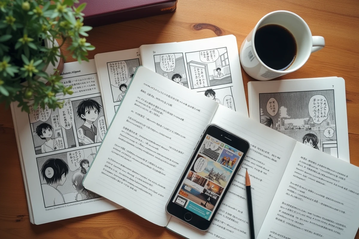 Vue aérienne d'un bureau étudiant avec des pages de scanlations One Punch Man et des notes de traduction