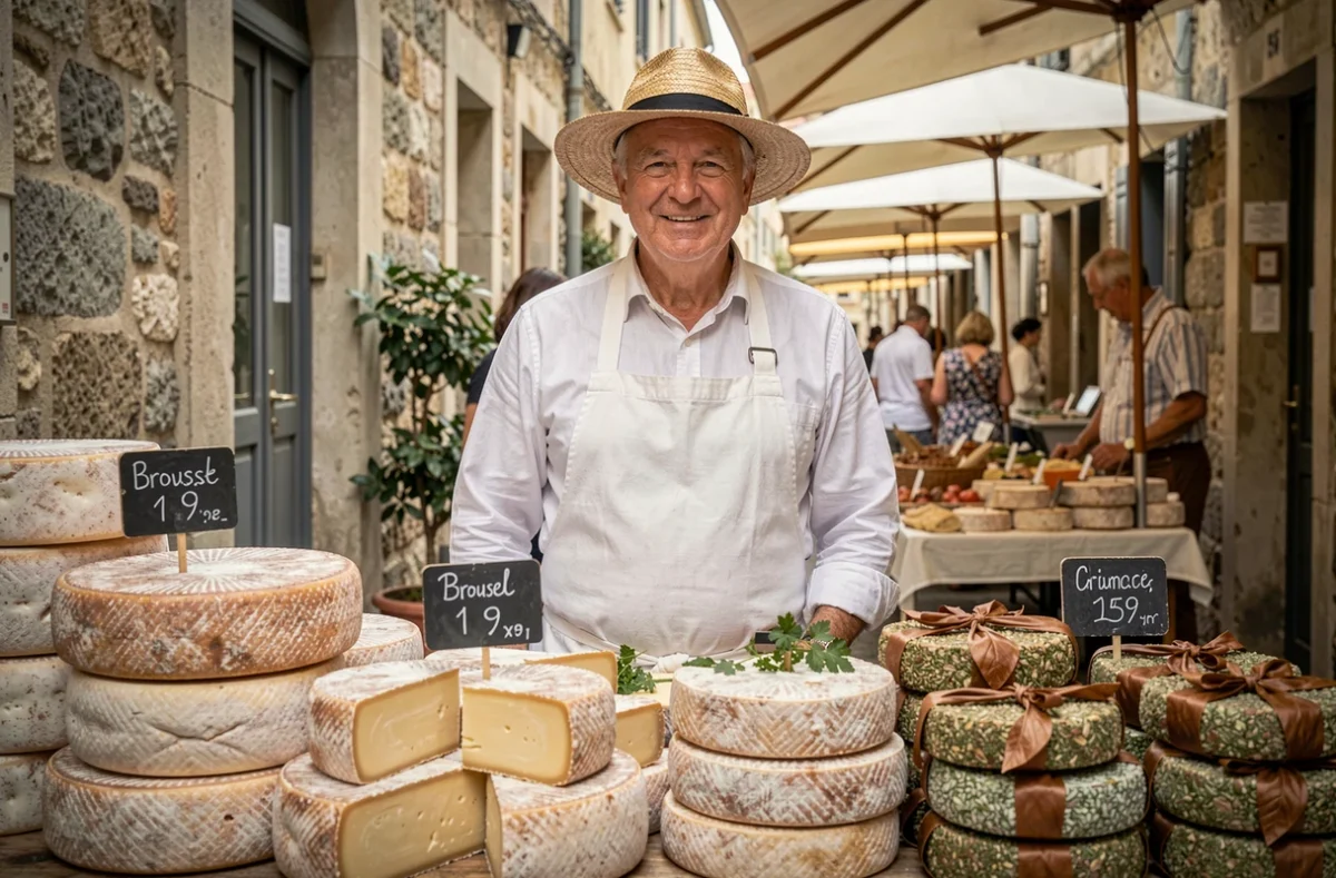 Fromager provençal souriant derrière son étal de fromages de chèvre au marché d'Aix-en-Provence