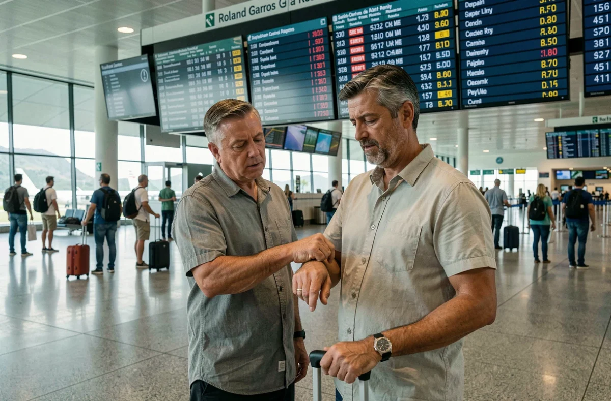 Homme vérifiant l'heure sur sa montre devant le tableau des départs de l'aéroport Roland Garros à La Réunion