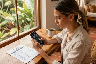 Femme consultant les fuseaux horaires sur son smartphone depuis un bureau à domicile à La Réunion, avec un itinéraire de vol imprimé posé à côté