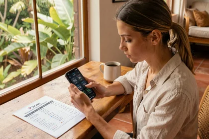 Femme consultant les fuseaux horaires sur son smartphone depuis un bureau à domicile à La Réunion, avec un itinéraire de vol imprimé posé à côté