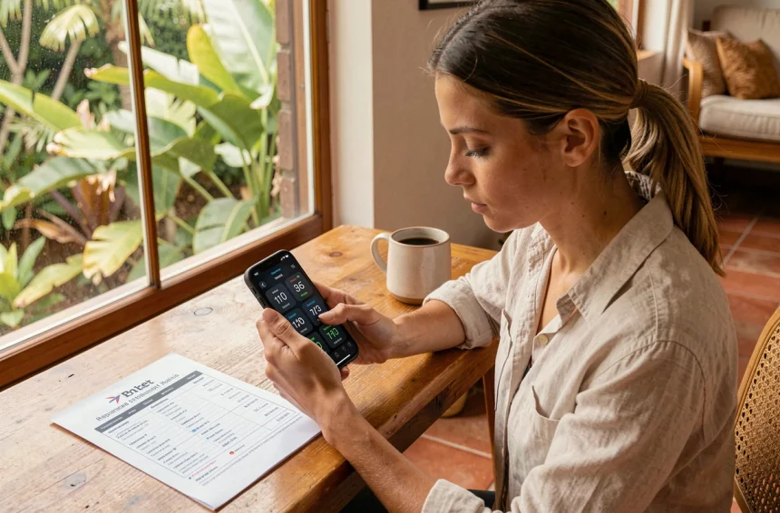 Femme consultant les fuseaux horaires sur son smartphone depuis un bureau à domicile à La Réunion, avec un itinéraire de vol imprimé posé à côté