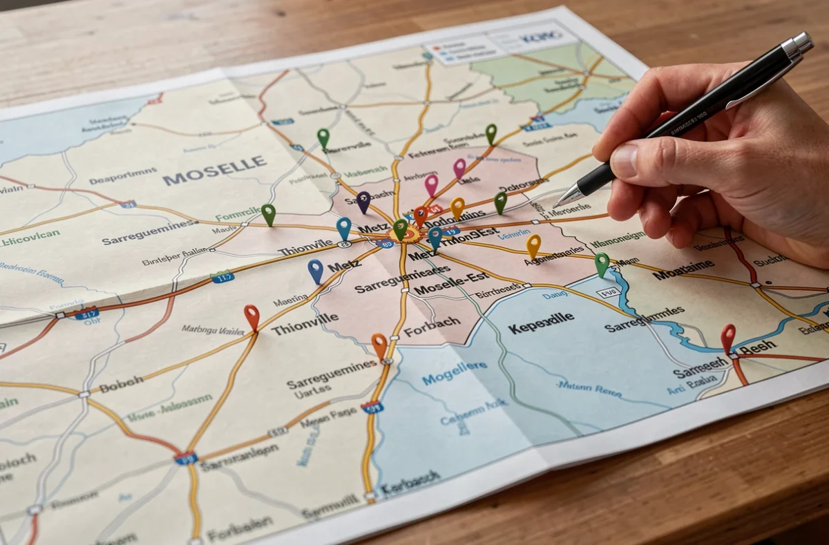 Carte imprimée du département de la Moselle avec zones géographiques de Metz et Moselle-Est marquées