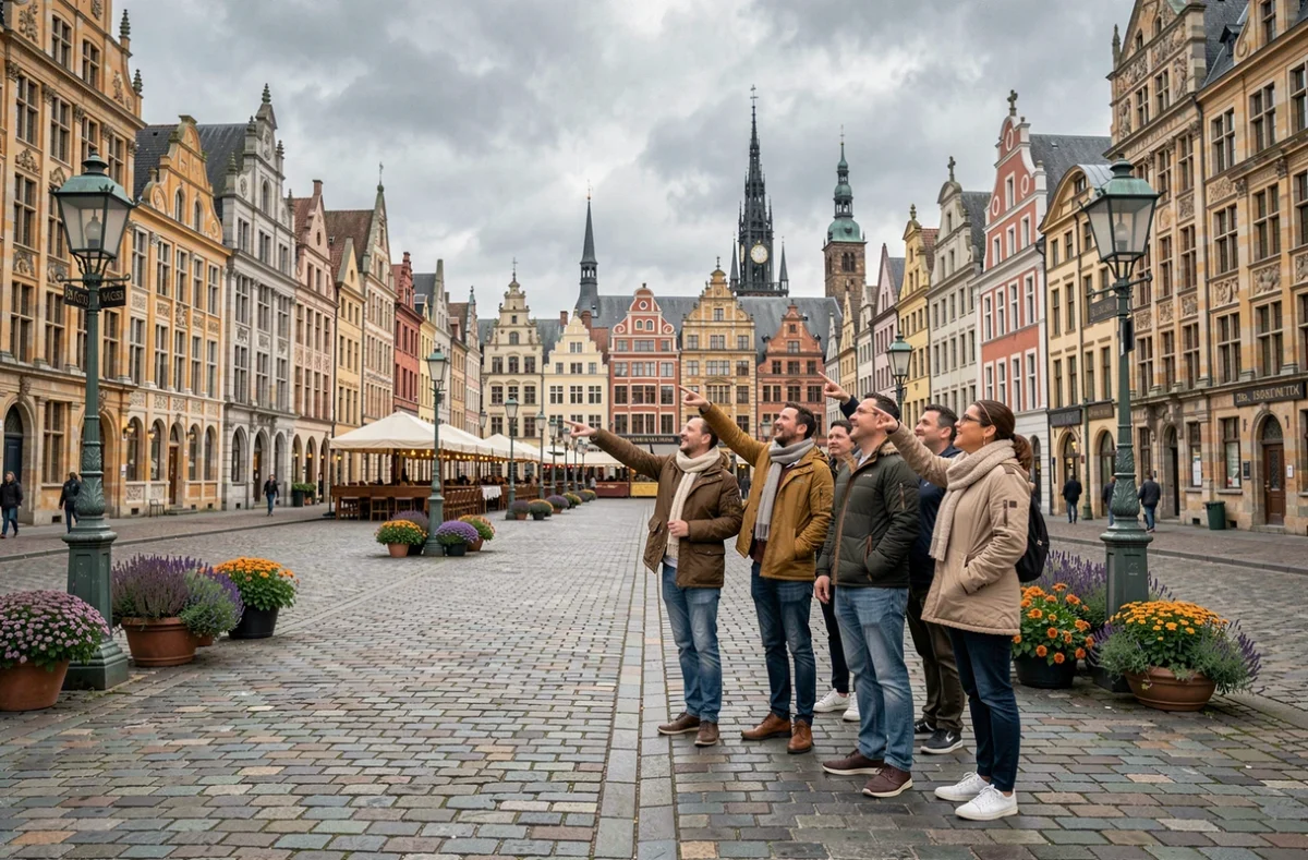 Grande place historique d'une ville belge avec façades flamandes et touristes