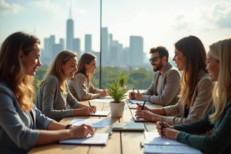 Groupe diversifié autour d une table extérieure avec plantes et ville