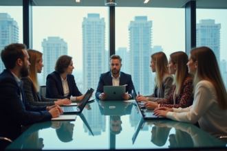 Groupe de professionnels en réunion dans un bureau moderne