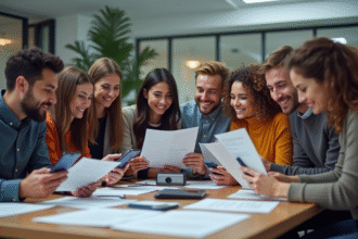 Groupe de personnes diverses utilisant un traducteur moderne en bureau