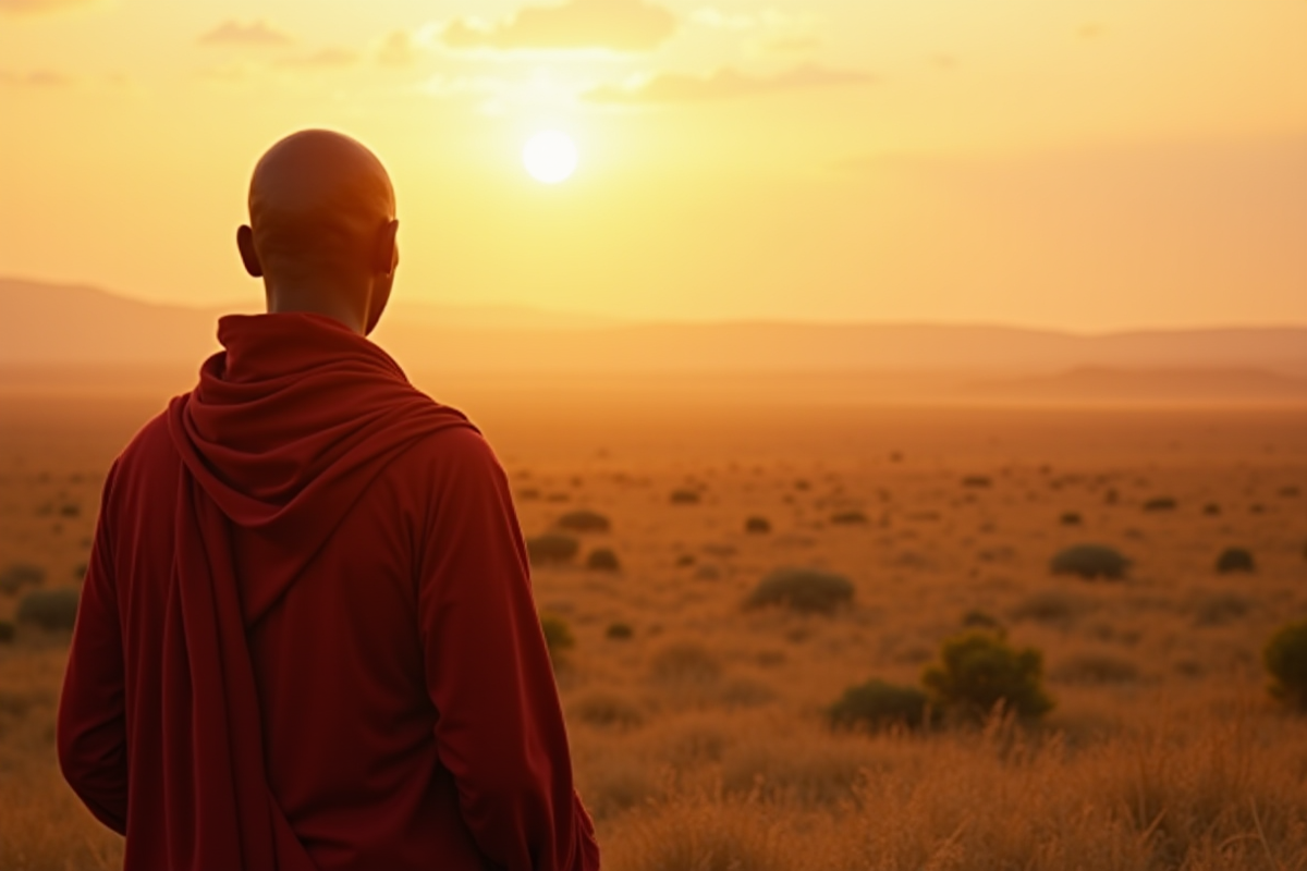 Guide masai regardant la plaine africaine au lever du soleil